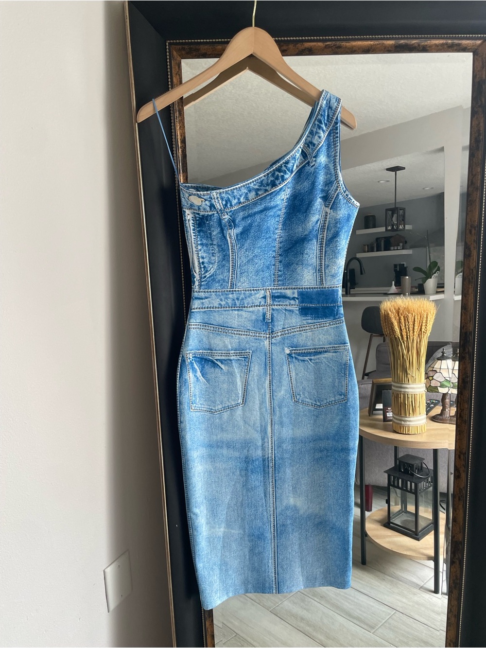 Her..Bottari One Shoulder Faux Denim Look Midi Dress – Blue – Size M - Picture 5 of 5